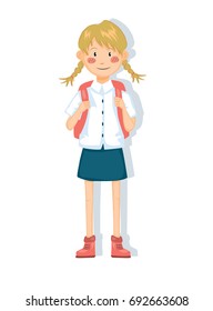 Girl with braids ready for school, vector female student illustration