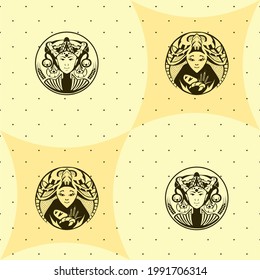 Girl with bread and pastries.Suitable for a pattern on fabric, as well as decoration.