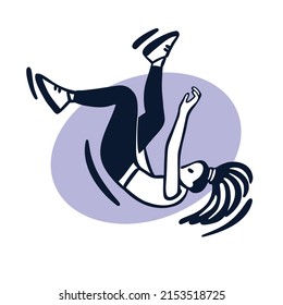 Girl Break Dancer Performing Stunts. B-girl Jumping. Street Dance Flip Move. Black And White Character On Lilac Circle Background. Sketch Style Vector Design Illustrations.