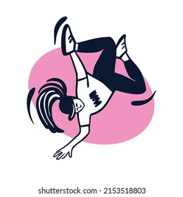 Girl Break Dancer Performing Stunts. B-girl Jumping. Street Dance Handstand Move. Black And White Character On Pink Circle Background. Sketch Style Vector Design Illustrations.