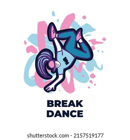 Girl break dancer performing stunts. B-girl jumping. Street dance handstand move. Bright colourful character on the color splash background. Funky style vector design illustrations.