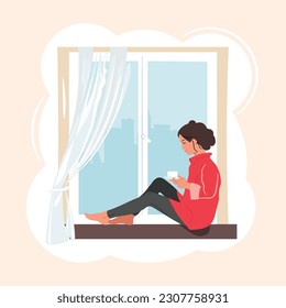 Girl Breakfast, Home Relaxation, a home-cooked meal, free time. Young woman sitting on a windowsill with a cup, drinking coffee, looking out the window. Cartoon vector illustration.