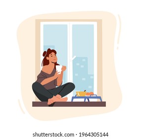 Girl Breakfast, Home Relaxation. Young Woman Sitting on Windowsill with Cup, Drinking Coffee with Fruits at Morning Looking through Window. Girl Routine, Spare Time. Cartoon Vector Illustration