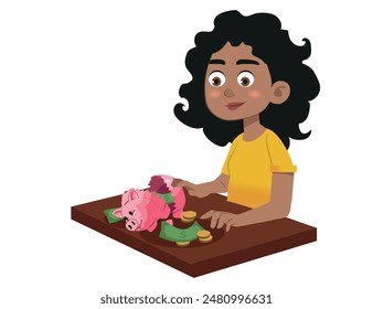 girl breaking her piggy bank and counting her money, vector illustration.
