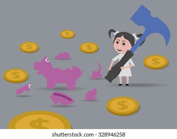 girl breaking piggy bank