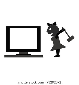The girl breaks the computer