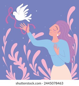 Girl with Breast Cancer ribbon Illustration download in vector format. doves with breast cancer symbol 