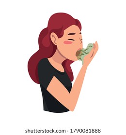 Girl Breathing to Her Hand to Check and Smell Her Breath, Bad Smell Vector Illustration