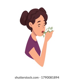 Girl Breathing to Her Hand to Check and Smell Her Bad Breath Vector Illustration