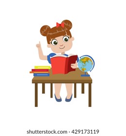Girl Brhing The Desk Reading Colorful Simple Design Vector Drawing Isolated On White Background