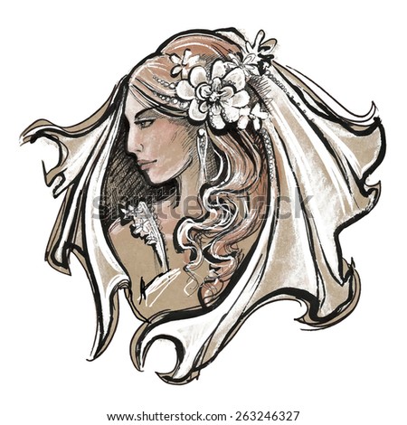 girl bride, girl in a veil, vector illustration of a bride