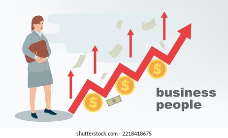 A girl with a briefcase looks at a graph going up, a flat style illustration on the topic of business