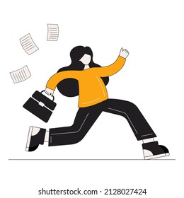 The girl with the briefcase runs fast. Vector illustration concept on the topic of being late and time management.