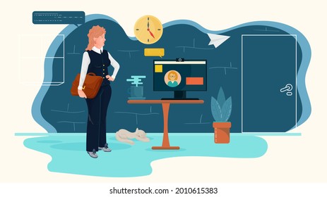 A girl with a briefcase stands in front of a table with a monitor and conducts a communication dialogue, an illustration in a flat style, for design design