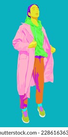 A girl in bright clothes on a turquoise background in a realistic style for print and design. Vector illustration.