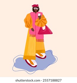 A girl in bright clothes with a phone and a handbag