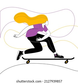A girl in bright clothes quickly rides a skateboard on an abstract background. Vector illustration on the topic of sports and active lifestyle.