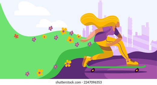 A girl in bright clothes quickly rides a skateboard against the background of the city and brings a blooming spring to the city. A template for a horizontal banner with space for text.
