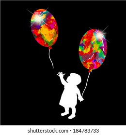 girl with bright colored balloons. Vector 
