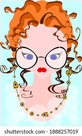 A girl with bright curly hair wearing glasses with a pendant.