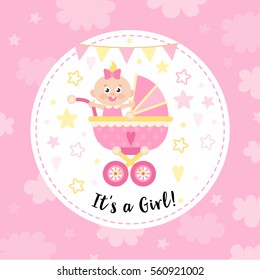 It's a girl! Bright, cute greeting template with the birth of a girl.