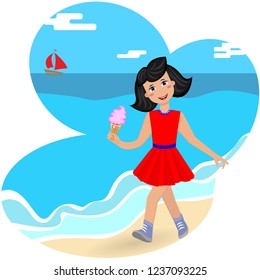 a girl in a bright dress and with ice cream in her hand walks along the beach in a flat style