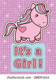 Its a girl. Bright pink and blue baby shower invitation card with cute cartoon pony. Vector illustration.