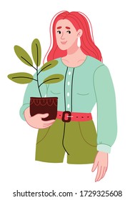 A girl with bright red hair holds a flowerpot. Plant care. Plants are friends. Lettering. Hipster Clothing.Design for banner, posters, cards etc. Vector illustration.