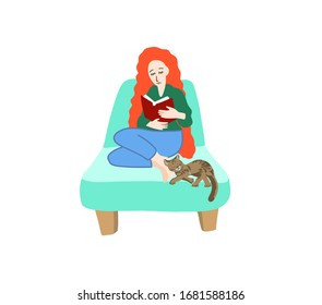 girl with bright red hair sits in an armchair and reads a book with her cat, vector illustration