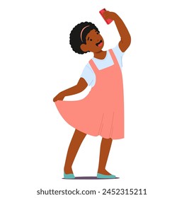 Chica Con Una Sonrisa Brillante, Sosteniendo Su Teléfono, Capturando Un Momento Alegre En Un Selfie, Irradiando Inocencia Y Felicidad. Personaje de Black Kid fotografiándose a sí misma. Ilustración vectorial de Personas de dibujos animados