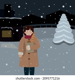 girl bringing bread when it snows illustration 