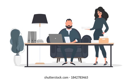 The girl brings the documents to the boss. Businessman working on laptop. Director's workplace. Laptop, documents, books, loft-style table. Isolated. Vector.