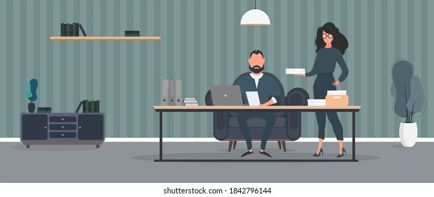 The girl brings the documents to the boss. Businessman working on laptop. Director's workplace. Laptop, documents, books, loft-style table. Vector.