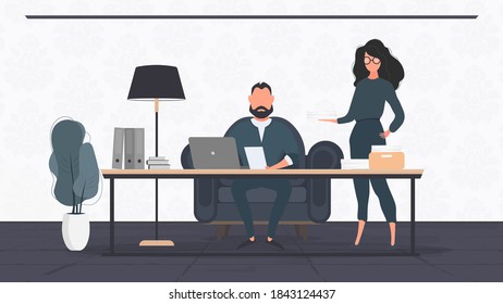 The girl brings the documents to the boss. Businessman working on laptop. Director's workplace. Laptop, documents, books, loft-style table. Vector.