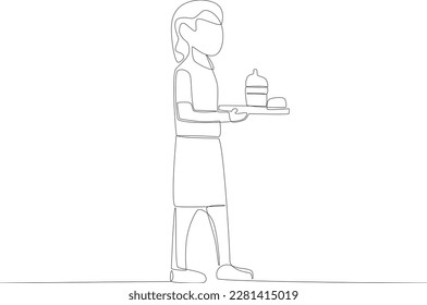 A girl brings a sandwich and a bottle of water from the canteen. Lunch at school one line drawing