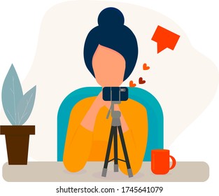 The girl is broadcasting live. Communication with subscribers. Blogger. Banner. Interesting personality. Vector illustration in flat style.