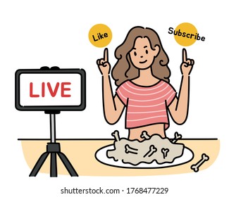 Una chica está difundiendo por Internet. Delante de ella hay un plato y una cámara. ilustraciones de diseño vectorial de estilo dibujado a mano. 