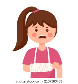 Niña con brazo roto en diseño plano sobre fondo blanco. Niños heridos con brazo vendaje.