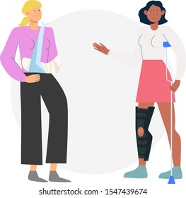 Girl with broken arm and leg, with crutches. A young  black woman in a full-length with limb trauma, bandaged, plastered. Vector illustration