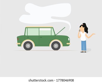 girl with broken car flat illustration