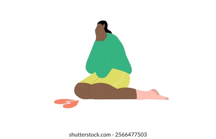 A girl with a broken heart. The character suffers from loneliness, love problems. Broken heart concept. Vector flat illustration isolated on white background.