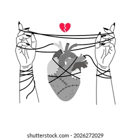 Girl broken heart. Red hearts broke symbol line sketch vector illustration, woman person hands binding relationship gens, romantic heartbroken crack clipart image