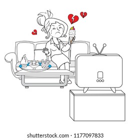 Girl broken heart watching tv movies sitting on sofa having ice-creams