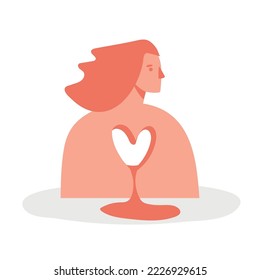 A girl with a broken heart, a woman without a heart, a concept illustration about relationships, childhood trauma, psychological support. Flat vector icon isolated on white background.