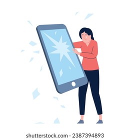 Chica y teléfono roto. Una mujer molesta abraza el smartphone. Personaje joven de sexo femenino rompe el teléfono celular y llora. La adicción digital moderna, escena vector reciente