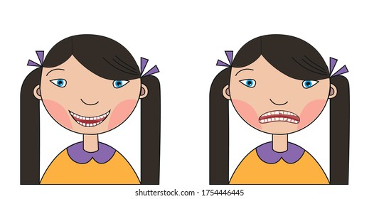 Girl with a broken tooth and caries on the one hand and a happy girl with cured teeth on the other
