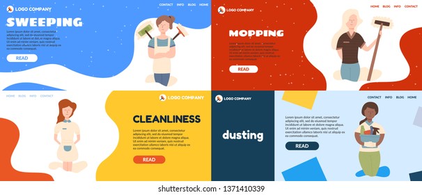 Girl with a broom and mop for cleaning floors in offices and residential areas. Vacant seat for students. A set of women housewives and housekeepers.