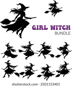 Girl broom witch silhouette bundle design