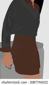 Girl in a brown dress and a gray jumper. Vector flat image of a pretty girl in a modern style. Design for cards, avatars, templates, posters, textiles.