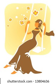 The girl in a brown dress and a scarf shakes on a swing.